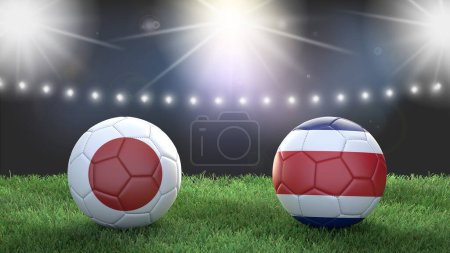 Zwei Fußballbälle in den Flaggenfarben auf dem verschwommenen Hintergrund des Stadions. Japan gegen Costa Rica. 3D-Bild