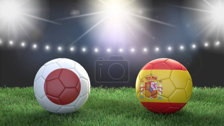 Photo for Two soccer balls in flags colors on stadium blurred background. Japan vs Spain. 3d image - Royalty Free Image