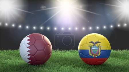 Photo for Two soccer balls in flags colors on stadium blurred background. Qatar vs Ecuador. 3d image - Royalty Free Image