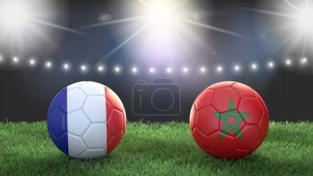 Téléchargez les photos : Deux ballons de football aux couleurs de drapeaux sur fond flou de stade. France vs Maroc. Image 3d - en image libre de droit