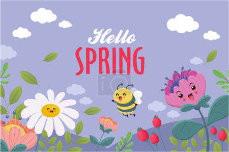 Illustration for Vintage hello spring greeting banner design template with bee. - Royalty Free Image