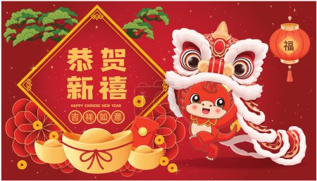 Diseño de póster de año nuevo chino vintage con danza de león. La redacción china significa Feliz año nuevo, Que seas seguro y afortunado, Prosperidad