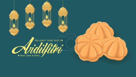 Hari Raya Aidilfitri Hintergrunddesign mit Kuih Raya. Malaiisch bedeutet Fastenzeit, ich bitte um Vergebung, physisch und spirituell.