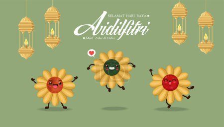 Illustration for Hari Raya Aidilfitri background design with Cookies. Malay means Fasting day celebration, I seek forgiveness, physically and spiritually. - Royalty Free Image