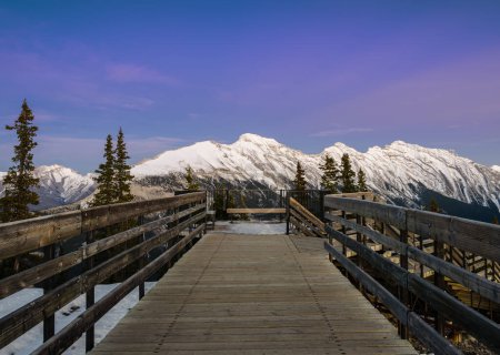 Boardwalk on top of Sulphur Mountain at sunset in Banff, Canada.  Gondola ride to Sulphur Moutain overlooks the Bow Valley and the town of Banff.
