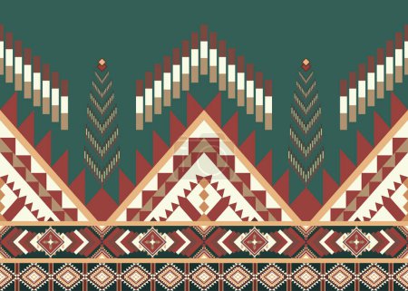 Seamless ethnic pattern on green background. Abstract vector illustration geometric shapes of squares, triangles, and rectangular, in brown, yellow and red.