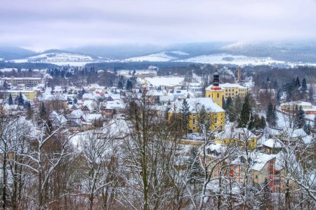the town Grossschoenau in winter with many snow, Saxony in Germany