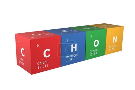 Téléchargez les photos : 3D rendering of cubes of the elements of the periodic table, carbon, hydrogen, oxygen and nitrogen. Science, technology and engineering. 3D illustration - en image libre de droit
