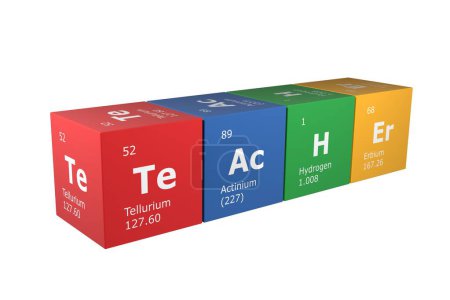 Photo for 3D rendering of cubes of the elements of the periodic table, tellurium, actinium, hydrogen and erbium forming the word teacher. Science, technology and engineering. 3D illustration - Royalty Free Image