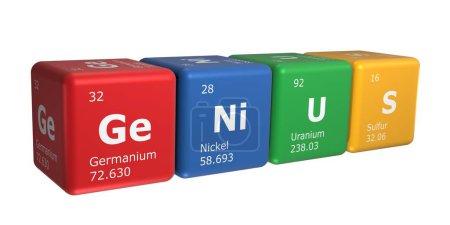 Photo for 3D rendering of cubes of the elements of the periodic table, germanium, nickel, uranium and sulfur forming the word genius. Science, technology and engineering background. 3D illustration - Royalty Free Image