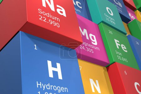 Téléchargez les photos : 3D rendering of cubes of the elements of the periodic table, sodium, hydrogen, oxygen and nitrogen. Science, technology and engineering. 3D illustration - en image libre de droit