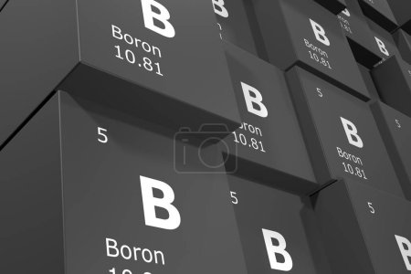 Photo for Boron, 3D rendering background of cubes of symbols of the elements of the periodic table, atomic number, atomic weight, name and symbol. Education, science and technology. 3D illustration - Royalty Free Image