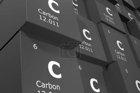 Téléchargez les photos : Carbone, rendu 3D fond de cubes de symboles des éléments du tableau périodique, numéro atomique, poids atomique, nom et symbole. Éducation, science et technologie. Illustration 3D - en image libre de droit