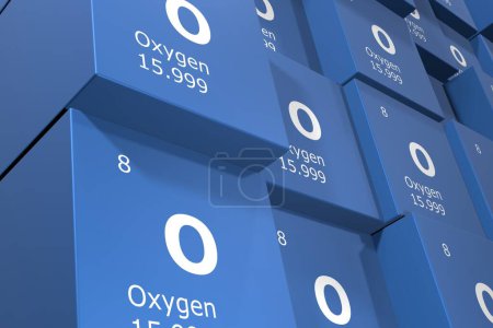 Téléchargez les photos : Oxygène, rendu 3D fond de cubes de symboles des éléments du tableau périodique, numéro atomique, poids atomique, nom et symbole. Éducation, science et technologie. Illustration 3D - en image libre de droit