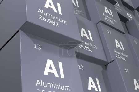 Téléchargez les photos : Aluminium, fond de rendu 3D de cubes de symboles des éléments du tableau périodique, numéro atomique, poids atomique, nom et symbole. Éducation, science et technologie. Illustration 3D - en image libre de droit