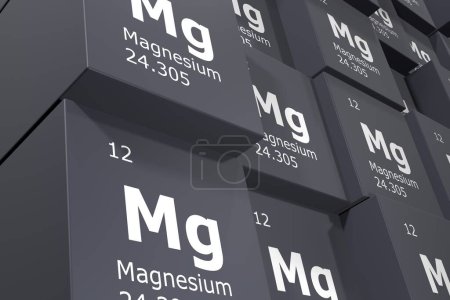 Magnesium, 3D-Rendering-Hintergrund von Würfeln mit Symbolen der Elemente des Periodensystems, Atomzahl, Atomgewicht, Name und Symbol. Bildung, Wissenschaft und Technologie. 3D-Illustration