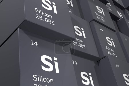 Téléchargez les photos : Silicium, rendu 3D fond de cubes de symboles des éléments du tableau périodique, numéro atomique, poids atomique, nom et symbole. Éducation, science et technologie. Illustration 3D - en image libre de droit