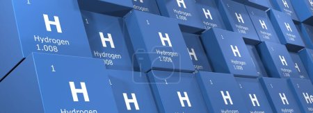 Téléchargez les photos : Hydrogène, rendu 3D fond de cubes de symboles des éléments du tableau périodique, numéro atomique, poids atomique, nom et symbole. Éducation, science et technologie. Illustration 3D - en image libre de droit