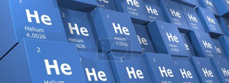 Téléchargez les photos : Hélium, rendu 3D de cubes de symboles des éléments du tableau périodique, numéro atomique, poids atomique, nom et symbole. Éducation, science et technologie. Illustration 3D - en image libre de droit