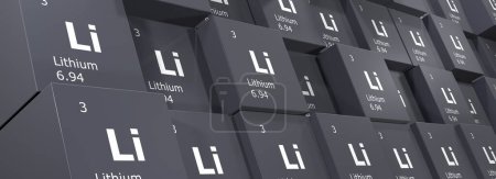 Téléchargez les photos : Lithium, rendu 3D fond de cubes de symboles des éléments du tableau périodique, numéro atomique, poids atomique, nom et symbole. Éducation, science et technologie. Illustration 3D - en image libre de droit