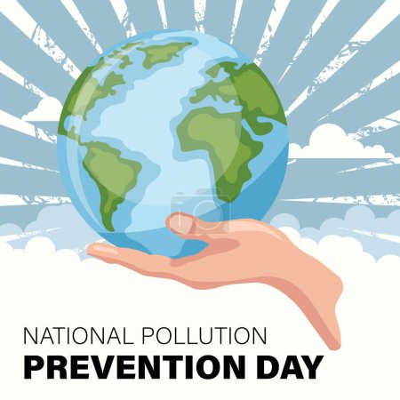 Ilustración de Día nacional de prevención de la contaminación diseño con la mano sosteniendo el planeta tierra. Póster para sensibilizar sobre el cuidado del medio ambiente - Imagen libre de derechos