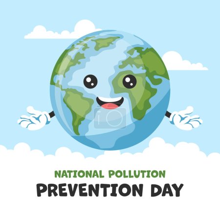 Ilustración de Dibujos animados planeta Tierra feliz con texto del día nacional de prevención de la contaminación. Póster para sensibilizar sobre el cuidado del medio ambiente - Imagen libre de derechos