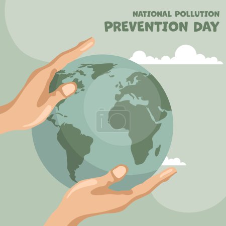 Ilustración de Diseño del planeta sostenido por dos manos y texto del día nacional de prevención de la contaminación. Póster para sensibilizar sobre el cuidado del medio ambiente - Imagen libre de derechos