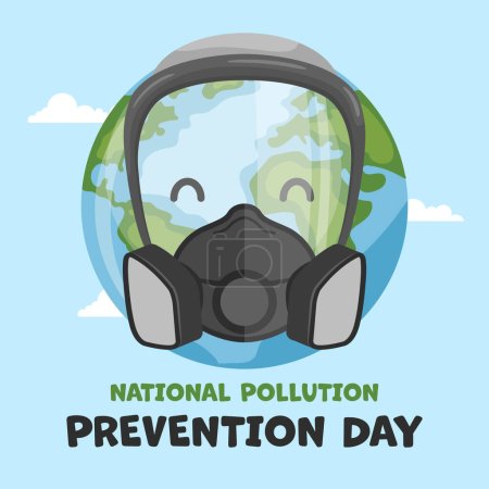 Ilustración de Diseño de dibujos animados del planeta tierra con máscara respiratoria y texto del día nacional de prevención de la contaminación. Póster para sensibilizar sobre el cuidado del medio ambiente - Imagen libre de derechos