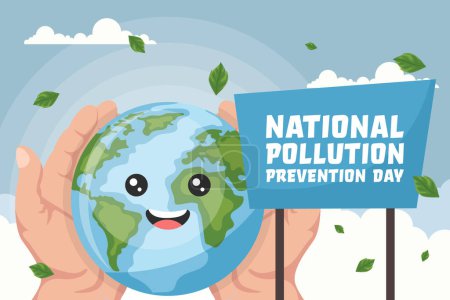 Ilustración de Fondo de dibujos animados del planeta tierra en manos abiertas con texto del día nacional de la prevención de la contaminación. Póster para sensibilizar sobre el cuidado del medio ambiente - Imagen libre de derechos