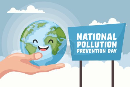 Illustration for Cartoon background of the planet earth held by a hand with the text of the national pollution prevention day. Poster to raise awareness about caring for the environment - Royalty Free Image