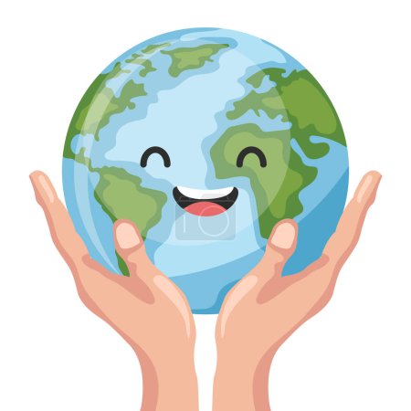 Hände halten fröhliche Cartoon Erde Planet Design für den Tag der Erde, nationalen Tag zur Vermeidung von Umweltverschmutzung, Weltumwelttag. Konzept der Prävention gegen Umweltverschmutzung und Pflege unseres Planeten