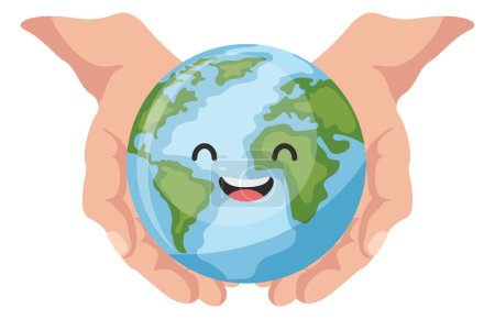 Ilustración de Manos abiertas sosteniendo planeta tierra dibujos animados felices para el día de la tierra, el día nacional de prevención de la contaminación, el día mundial del medio ambiente. Concepto de prevención contra la contaminación ambiental y el cuidado de nuestro planeta - Imagen libre de derechos