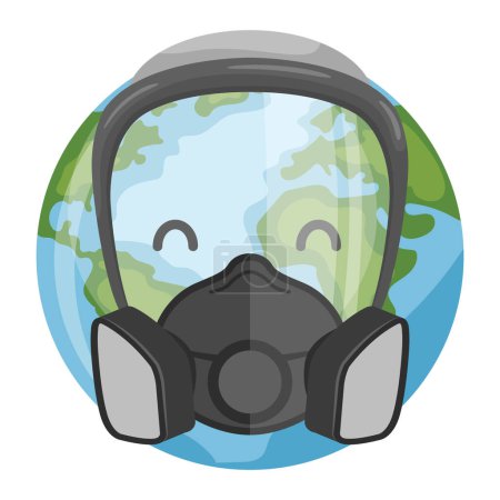 Ilustración de Dibujos animados planeta tierra diseño con máscara respiratoria para el día de la tierra, día nacional de prevención de la contaminación, día mundial del medio ambiente. Concepto de prevención contra la contaminación ambiental y el cuidado de nuestro planeta - Imagen libre de derechos