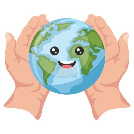 Ilustración de Diseño de manos abiertas sosteniendo la caricatura del planeta tierra para el día de la tierra, día nacional de prevención de la contaminación, día mundial del medio ambiente. Concepto de prevención contra la contaminación ambiental y el cuidado de nuestro planeta - Imagen libre de derechos
