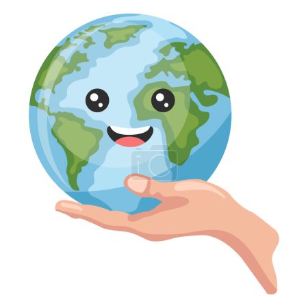 Ilustración de Mano sosteniendo feliz planeta tierra de dibujos animados para el día de la tierra, día nacional de prevención de la contaminación, día mundial del medio ambiente. Concepto de prevención contra la contaminación ambiental y el cuidado de nuestro planeta - Imagen libre de derechos