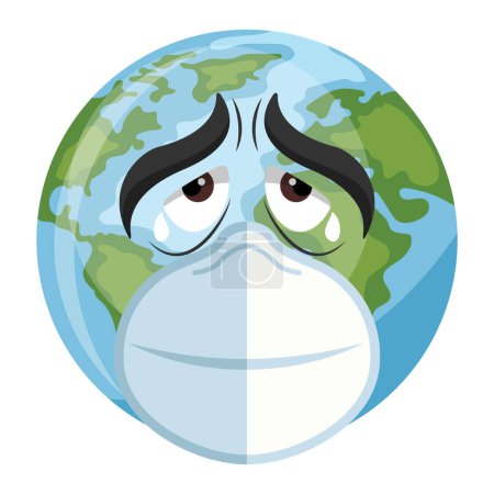 Illustration for Design of Planet Earth Cartoon sad with mask for Earth Day, National Pollution Prevention Day, World Environment Day. Prevention concept against environmental pollution and care of our planet - Royalty Free Image