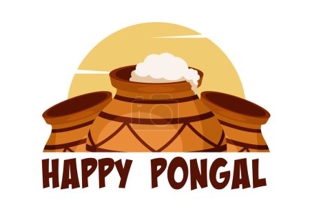 Téléchargez les illustrations : Happy Pongal récolte indienne fête religieuse carte de célébration avec pot d'argile avec fond de soleil - en licence libre de droit