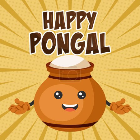 Téléchargez les illustrations : Caractère de bande dessinée de pot traditionnel en argile pour Happy Pongal fête de la récolte carte de célébration avec fond de bande dessinée - en licence libre de droit