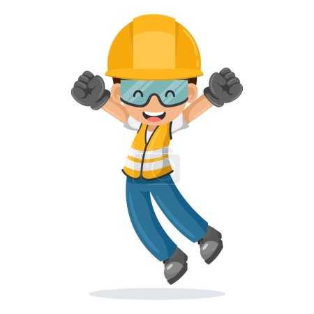 Ilustración de Industrial construction worker jumping happily in his personal protective equipment. Industrial safety and occupational health at work - Imagen libre de derechos