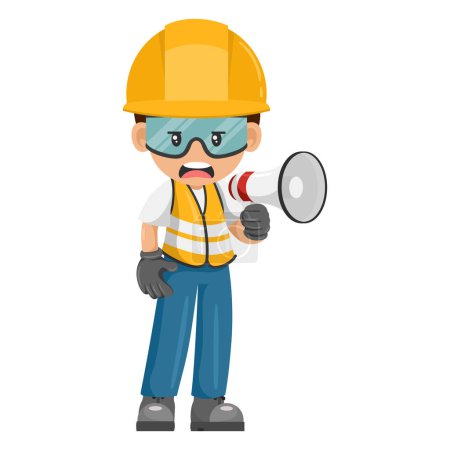 Ilustración de Annoyed industrial construction worker making an announcement with a megaphone. Construction supervisor engineer with personal protective equipment. Industrial safety and occupational health at work - Imagen libre de derechos