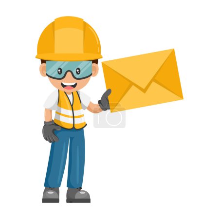 Ilustración de Industrial worker with letter envelope for email. Concept of communication, notification and contact. Industrial safety and occupational health at work - Imagen libre de derechos