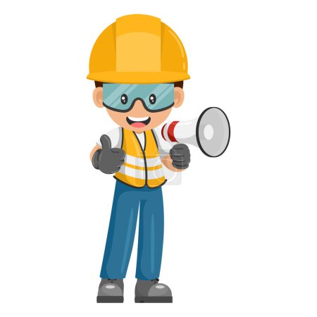 Illustration for Industrial worker with thumb up making an announcement with a megaphone. Construction supervising engineer with personal protective equipment. Industrial safety and occupational health at work - Royalty Free Image