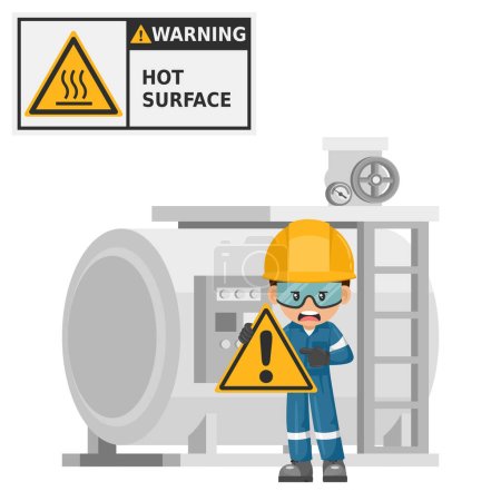 Illustration for Hot surface warning. Industrial maintenance worker with an industrial boiler Prevention of work accidents. Security First. Industrial safety and occupational health at work - Royalty Free Image