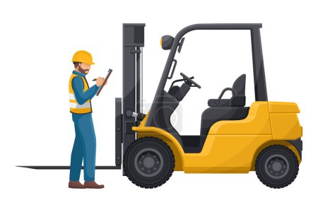 Industrial inspector inspecting a lift truck. Preventive maintenance of an industrial forklift. Industrial storage and distribution of products. Industrial Safety