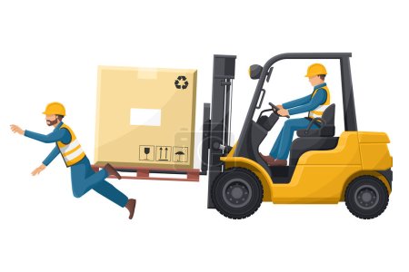 Illustration for Industrial worker driving a forklift in an accident to a worker. Danger and caution sign for forklift traffic. Work accident in a warehouse. Security First. Industrial Safety and Occupational Health - Royalty Free Image