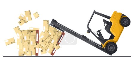Illustration for Dangers of driving a forklift. Forklift overturning. Safety in handling a forklift. Work accident in a warehouse. Security First. Industrial Safety and Occupational Health - Royalty Free Image