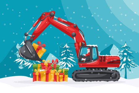 Santa Claus driving a tracked or crawler excavator loading boxes of gifts. Christmas winter with snow. Celebrating the beginning of a happy new year. Heavy machinery in the construction industry