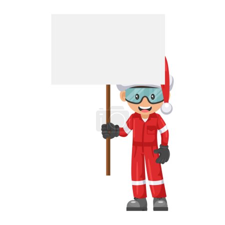 Illustration for Industrial mechanic worker with Santa Claus hat holding a banner with space for text for advertising, presentations, brochures. Merry christmas. Industrial safety and occupational health at work - Royalty Free Image