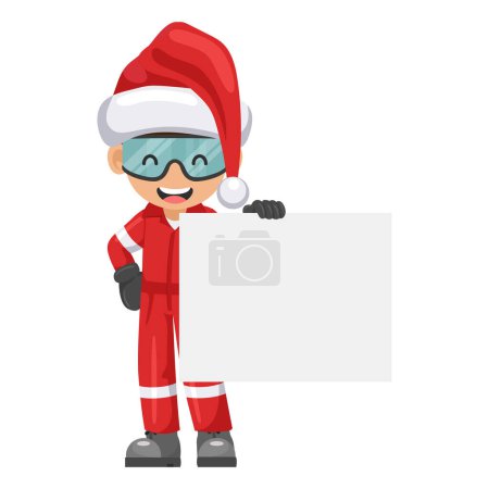 Illustration for Industrial mechanic worker with Santa Claus hat holding a banner with space for text for advertising, presentations, brochures. Merry christmas. Industrial safety and occupational health at work - Royalty Free Image