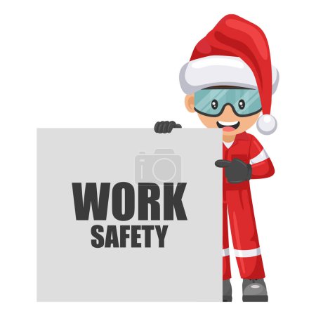 Illustration for Industrial mechanical worker with Santa Claus hat and work safety poster. Merry christmas. Safety first. Engineer with safety helmet. Industrial safety and occupational health at work - Royalty Free Image
